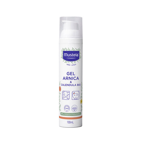 Mustela Organic Arnica & Calendula Gel in 100ml tube, featuring natural ingredients for soothing skin relief.
