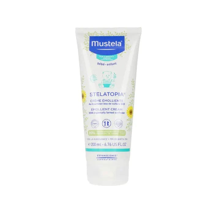 Mustela Stelatopia Emollient Cream 200ml jar, soothing skincare for sensitive skin, with a clean, white and orange packaging