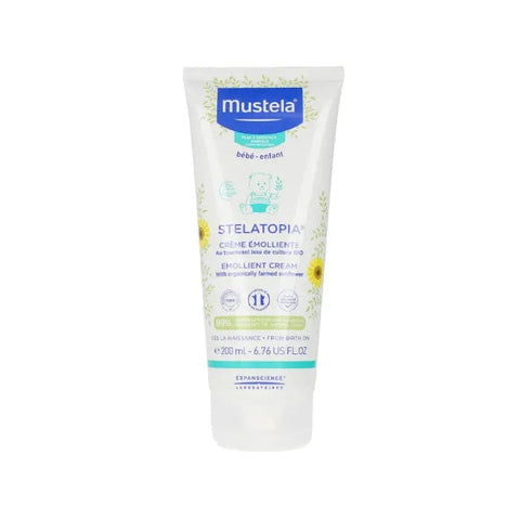 Mustela Stelatopia Emollient Cream 200ml jar, soothing skincare for sensitive skin, with a clean, white and orange packaging