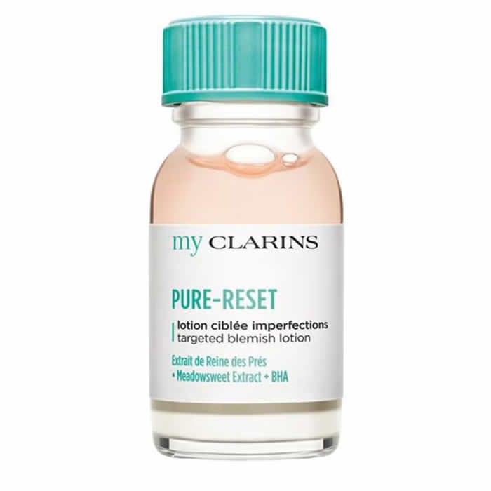 Jag Couture London My Clarins Targeted Blemish Lotion in 13ml bottle, featuring clear packaging and product label.