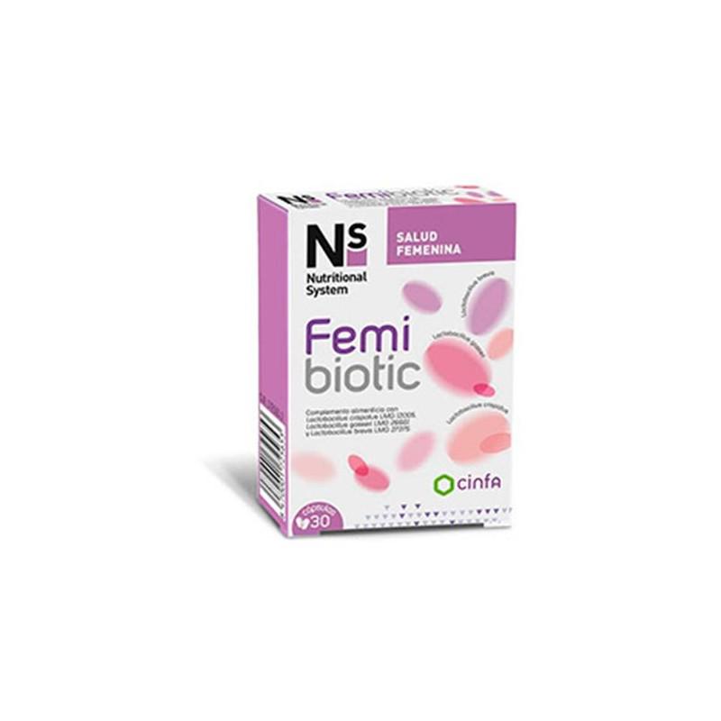 N+s Femibiotic supplement by Jag Couture London New York, 30 capsules, featuring natural probiotic ingredients for feminine health.