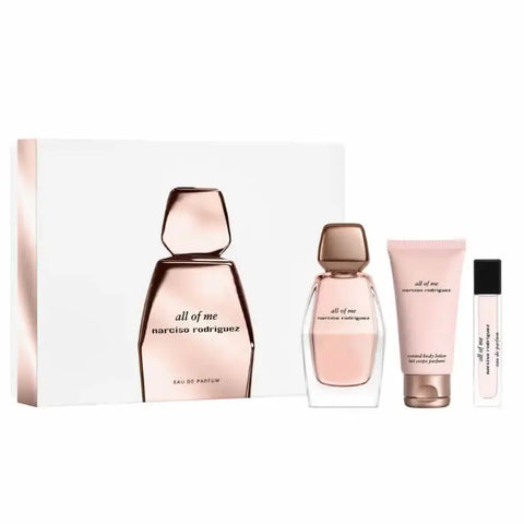Set of three Narciso Rodriguez All Of Me Eau De Parfum Spray 90ml bottles, featuring elegant perfume packaging and design.