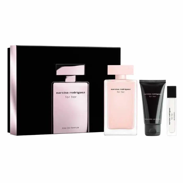 Set of three Narciso Rodriguez For Her Eau De Perfume Spray 100ml bottles, elegant perfume packaging and design.