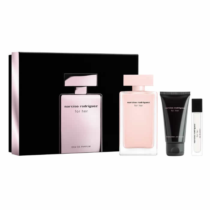 Set of three Narciso Rodriguez For Her Eau De Perfume spray bottles, 100ml each, by Jag Couture London New York.