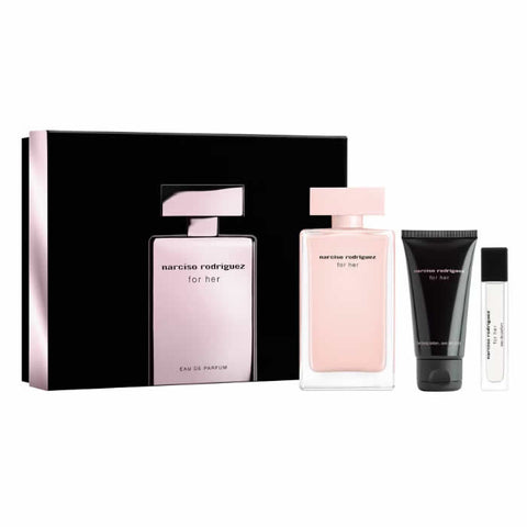 Set of three Narciso Rodriguez For Her Eau De Perfume spray bottles, 100ml each, by Jag Couture London New York.