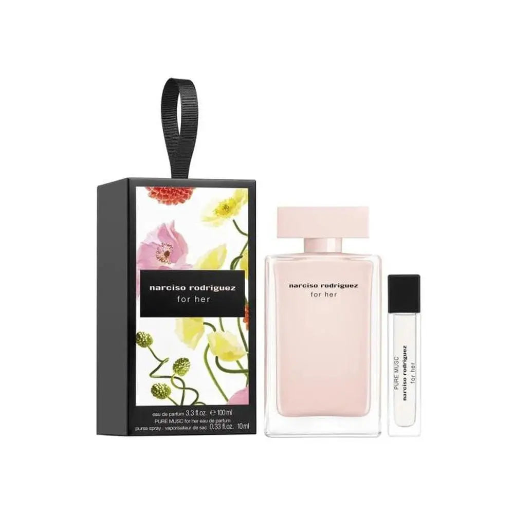 Narciso Rodriguez For Her Edp spray 100ml, elegant perfume bottle with minimalist design, displayed on a neutral background.
