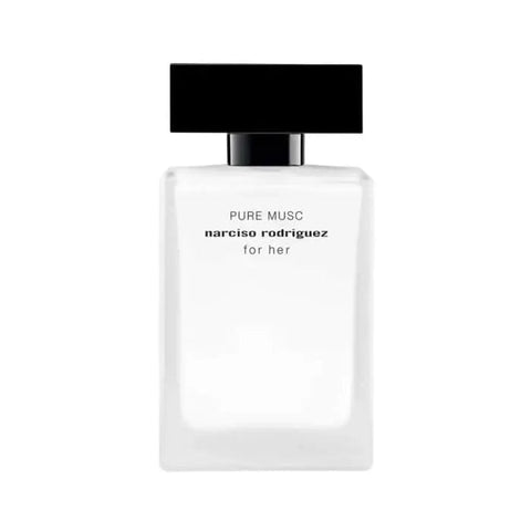 Narciso Rodriguez For Her Pure Musc Eau De Perfume Spray 50ml, elegant glass bottle with white and gold accents, on a neutral background.