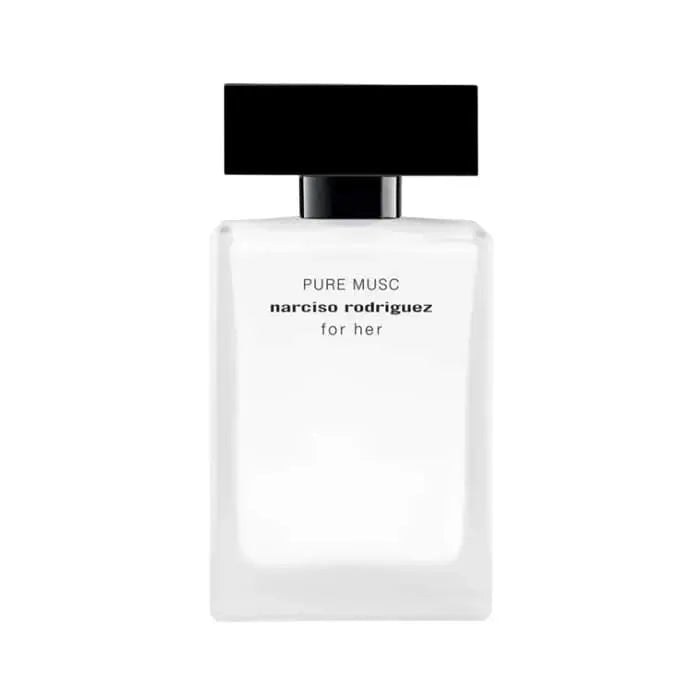 Narciso Rodriguez For Her Pure Musc perfume spray 50ml bottle on a neutral background, showcasing elegant packaging.