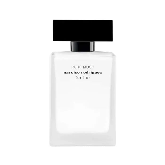 Narciso Rodriguez For Her Pure Musc perfume spray 50ml, elegant glass bottle with minimalist design, on a neutral background.