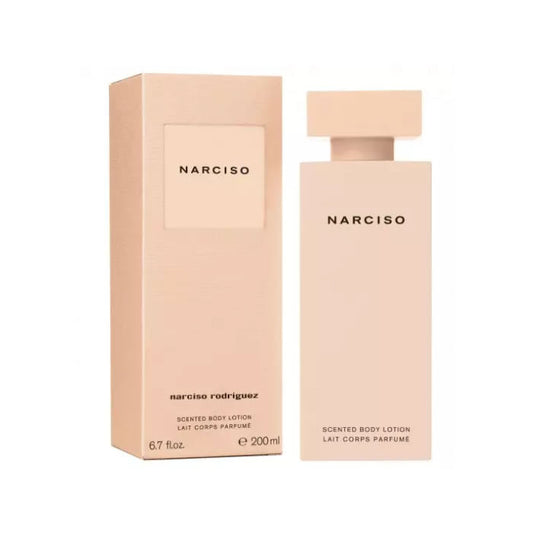 Narciso Rodriguez Narciso scented body lotion in 200ml container, with elegant packaging and smooth texture visible.