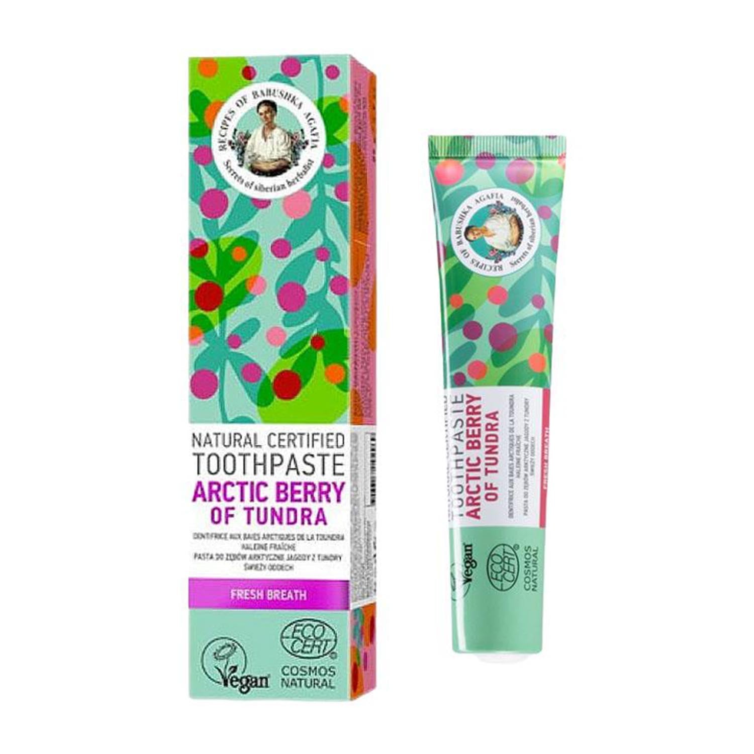 Natura Siberica Agafja Baya Artica toothpaste tube, natural toothpaste product with Siberian ingredients, shown on white background.