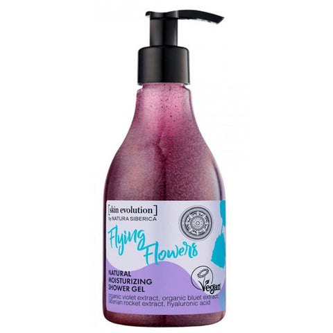 Natura Siberica Flying Flowers moisturizing shower gel in 260ml bottle, featuring floral packaging and natural ingredients.