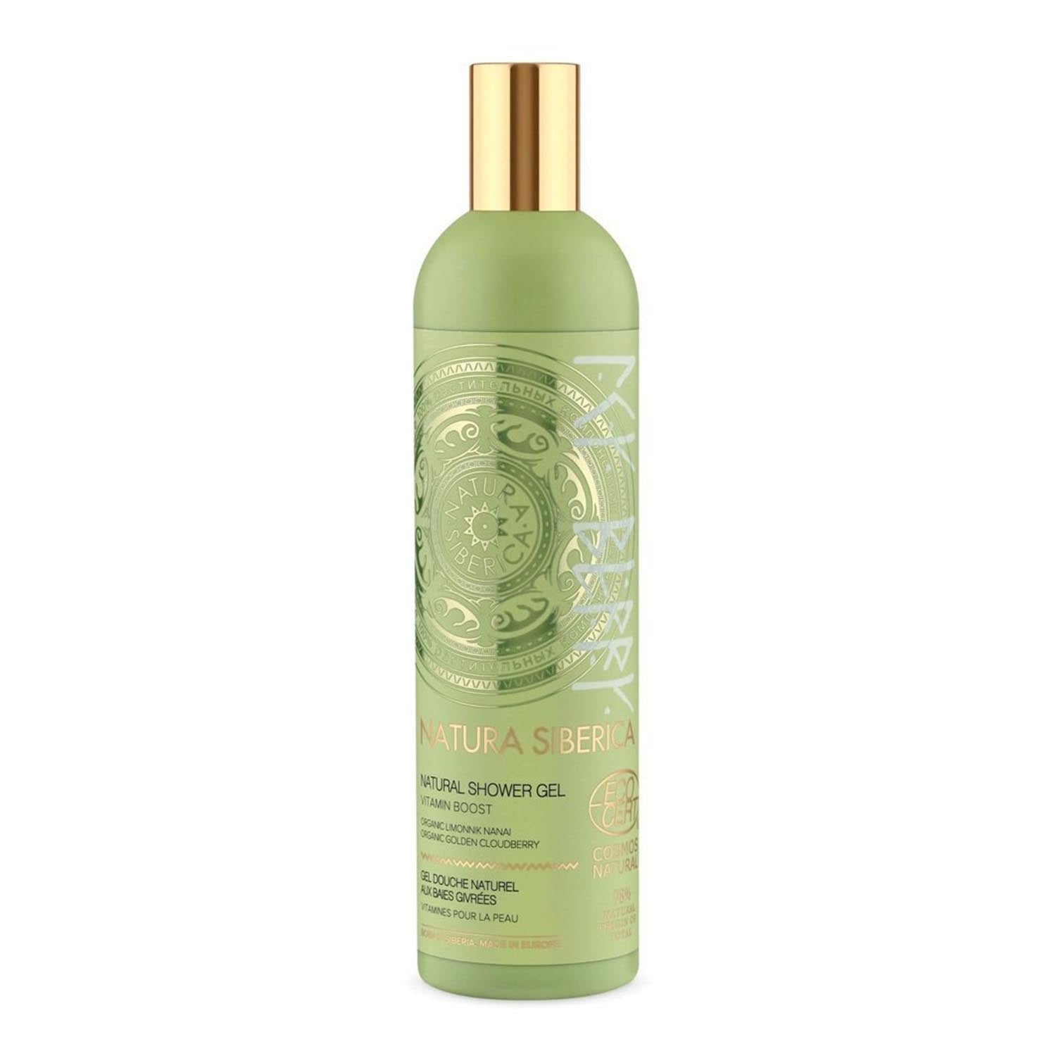 Natura Siberica Lemon Nanai natural shower gel in a 400ml bottle with a yellow label, featuring lemon and herbal illustrations.