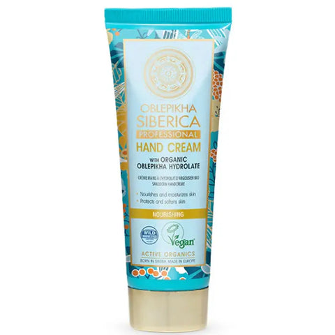 Natura Siberica Oblepikha hand cream in 75ml tube, featuring natural ingredients for nourishing and hydrating hands.