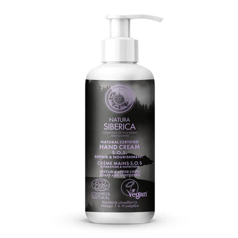 Natura Siberica Sos Cremas de Manos Reparación y Nutrición, 250ml, showing a tube of hand cream with natural ingredients.