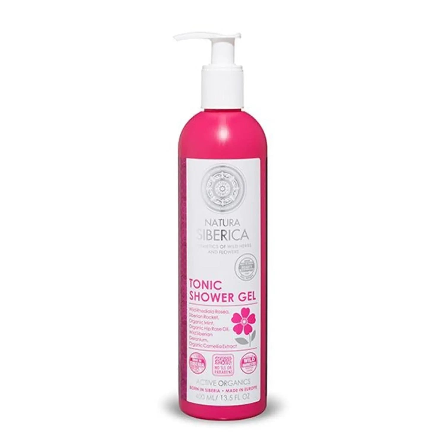 Natura Siberica Tonic Gel De Baño 400ml in a clear bottle with a green label, suitable for a refreshing bath experience.