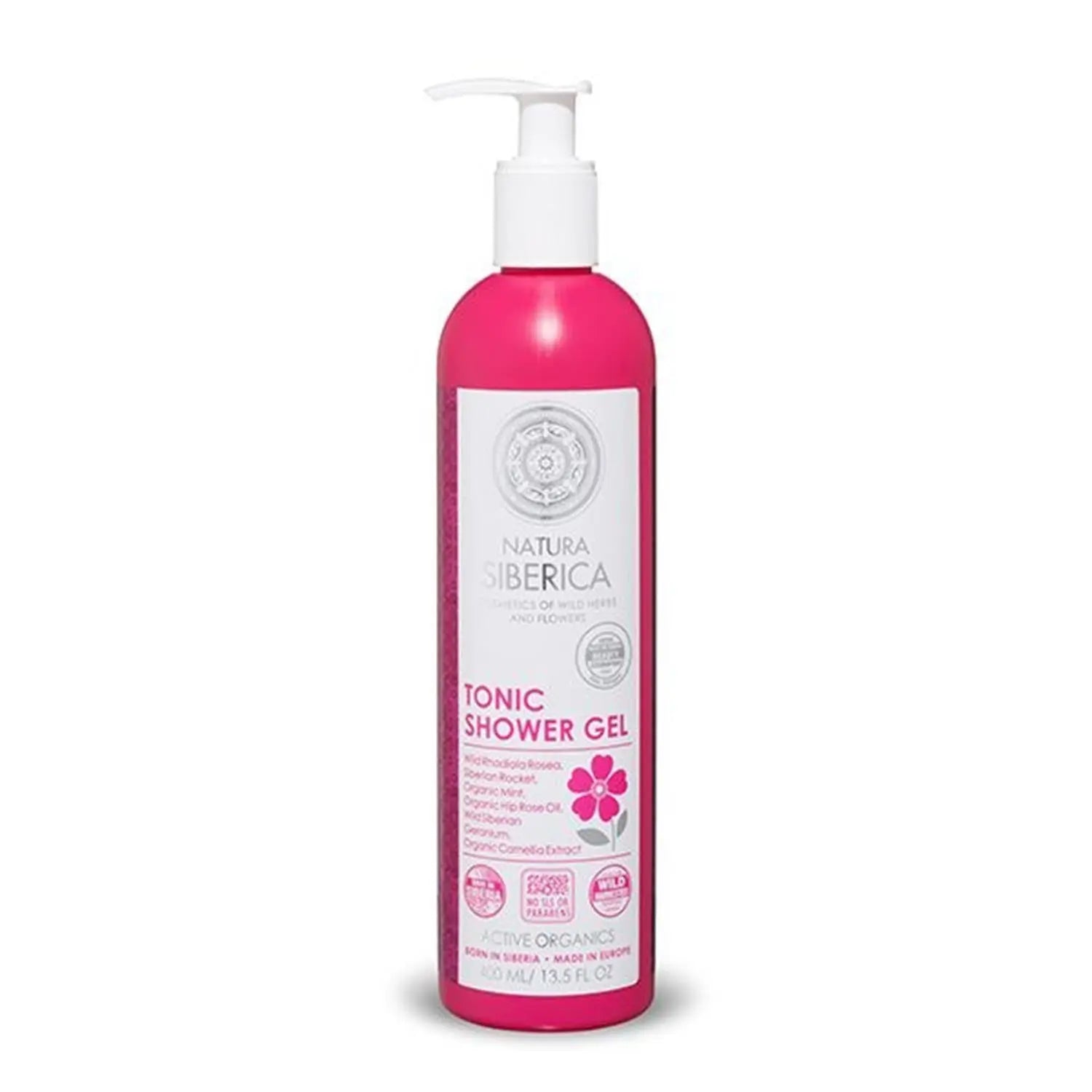 Natura Siberica Tonic Gel De Baño 400ml in a clear bottle with a blue and white label, suitable for cleansing the skin.