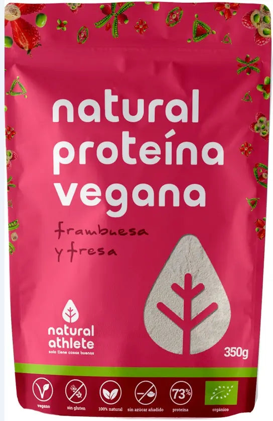 Natural Athlete Vegan Protein in strawberry and raspberry flavor, 350g, by Jag Couture London New York, shown in a resealable bag.