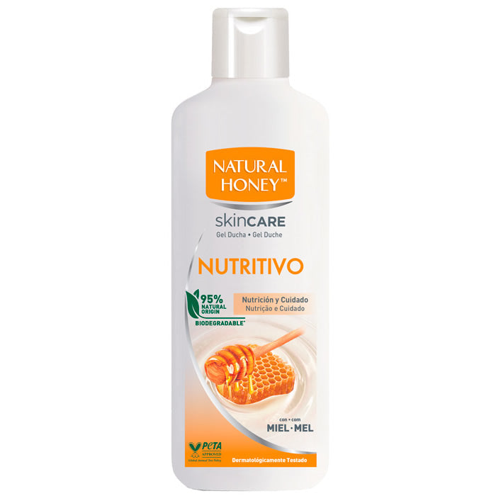 Natural Honey Nutritive Shower Gel by Jag Couture London - New York in a 650ml bottle with a sleek, clear packaging and honey-themed design.