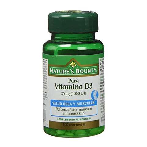 Bottle of Nature's Bounty Vitamin D3 25µg 1000IU tablets, dietary supplement in a clear container with label.