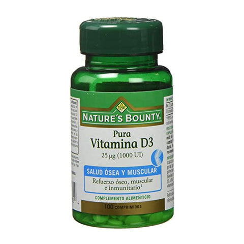 Nature's Bounty Vitamin D3 25µg 1000IU tablets, supplement for bone health, in a bottle with 100 tablets.
