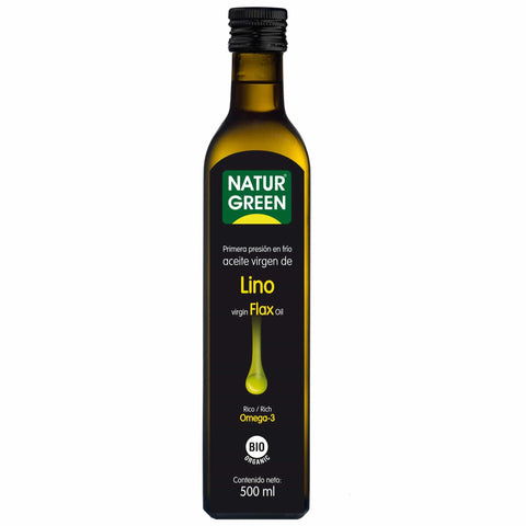 Natural green flaxseed oil in a 500ml bottle from Naturgreen, branded by Jag Couture London New York.