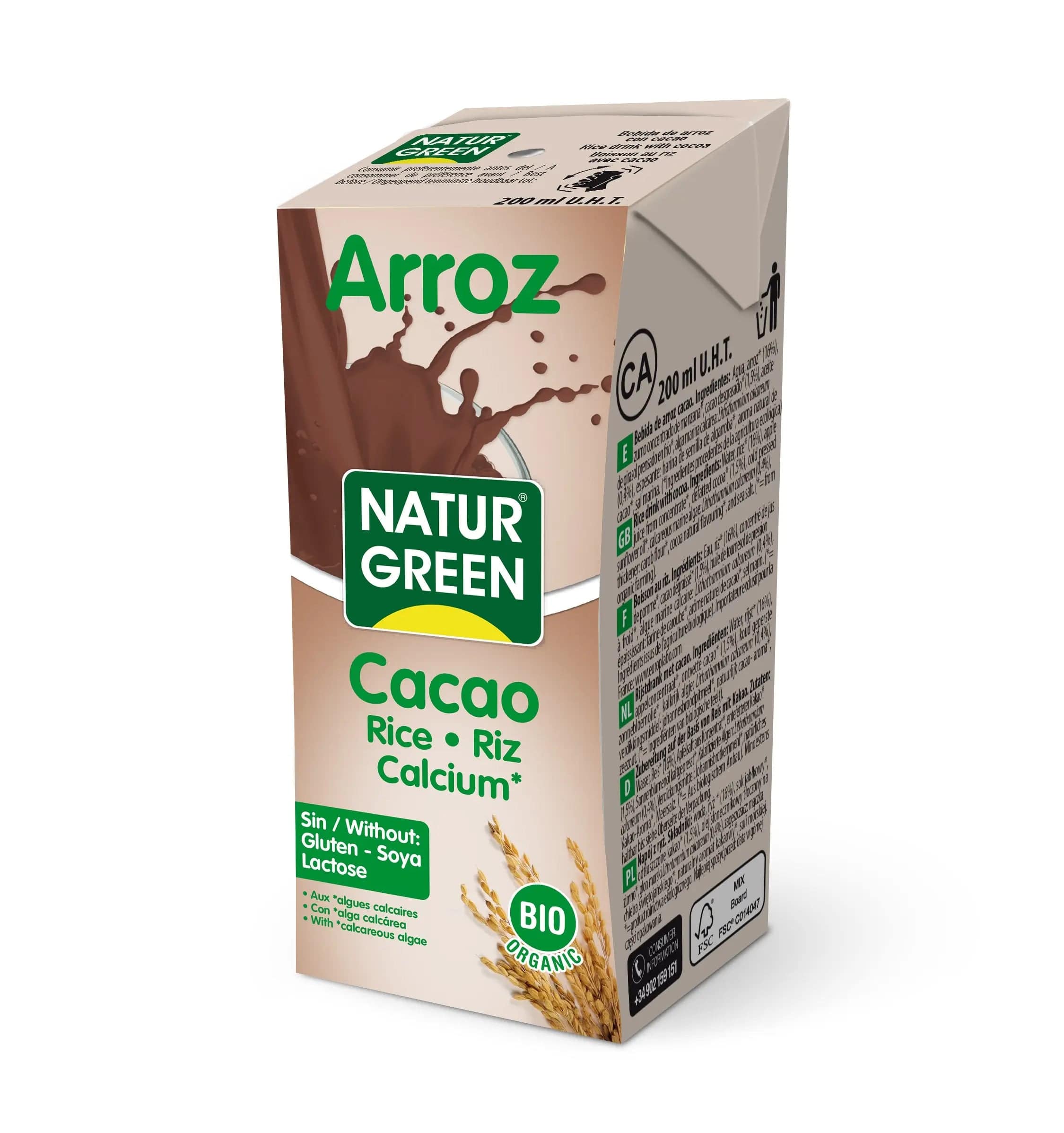 Naturgreen Arroz Choco Calcium 200ml drink in a glass bottle with label, showcasing the chocolate rice beverage by Jag Couture London New York.