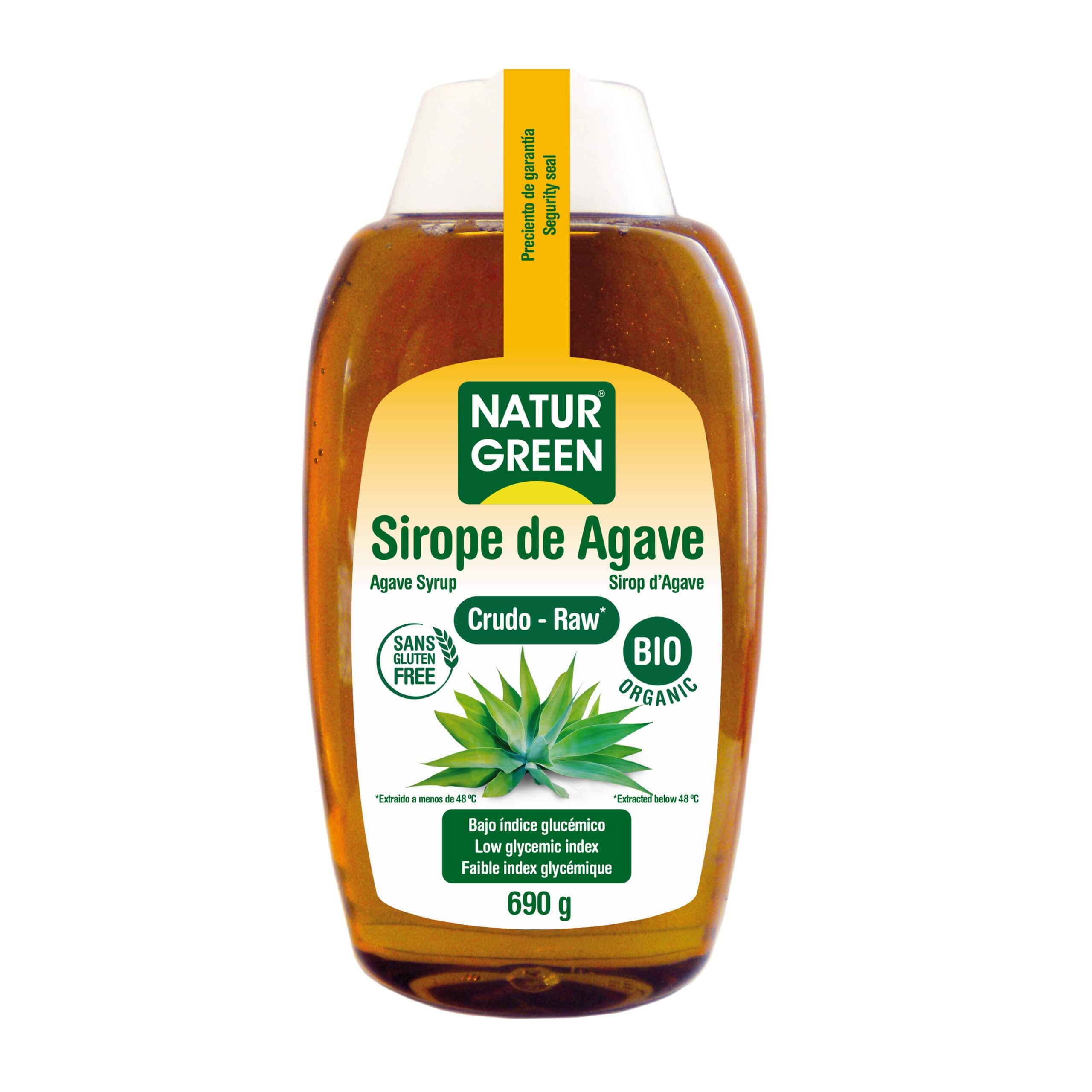 Naturgreen raw agave syrup in a 500ml bottle, displayed with natural lighting and a neutral background.