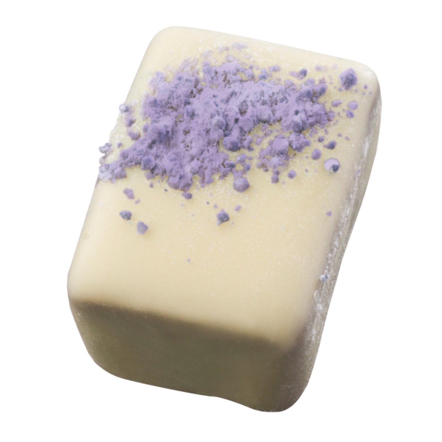 Nefertiti white chocolate ganache with powdered violet décor by Jag Couture London New York, 18.1g, showcasing a soft ganache with violet accents.