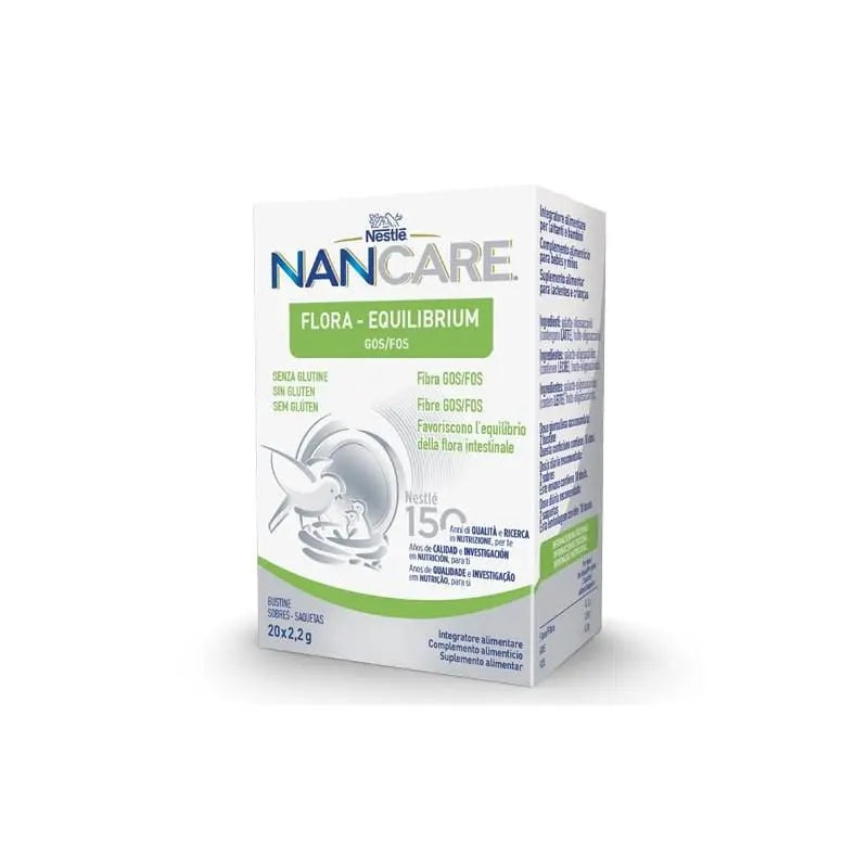 Nestlé Nancare Flora Equilibrium probiotic sachets, 20 packs of 2.2g each, displayed in a box with branding from Jag Couture London New York.