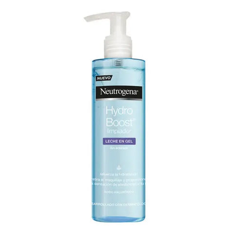 Neutrogena Hydro Boost Gel Cleansing Milk 200ml, a gentle facial cleanser, in a clear bottle with a pump dispenser.