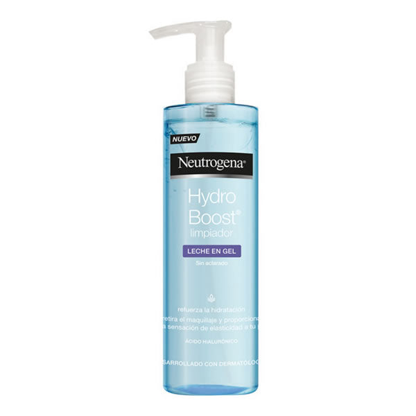 Neutrogena Hydro Boost Gel Cleansing Milk in 200ml bottle, gentle skincare product with clear packaging and blue accents.