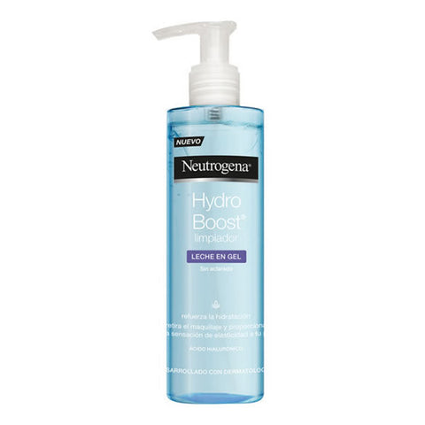 Neutrogena Hydro Boost Gel Cleansing Milk in 200ml bottle, gentle skincare product with clear packaging and blue accents.