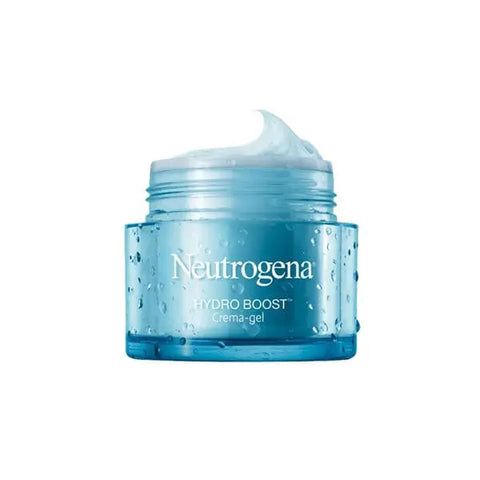 Neutrogena Hydro Boost Gel Cream 50ml in a clear jar with blue lid, featuring the Hydrating Gel formula from Jag Couture London New York.