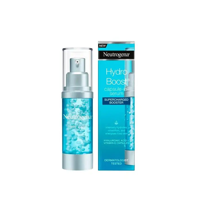 Neutrogena Hydro Boost Serum 30ml in a clear bottle with blue cap, showcased on a clean background.