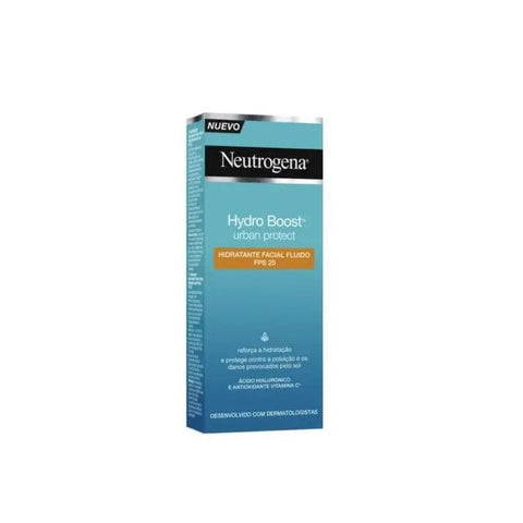 Neutrogena Hydro Boost Urban Protect SPF25 fluid in 50ml bottle, hydrating skincare with sun protection, by Jag Couture London New York