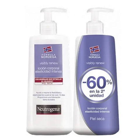 Neutrogena Visibly Renew Body Lotion in two 400ml bottles, shown with sleek packaging and pump dispensers.
