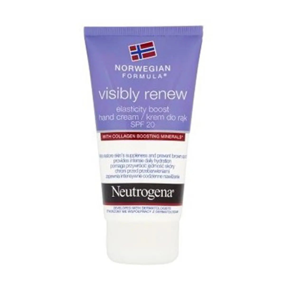 Neutrogena Visibly Renew Elasti-Boost Hand Cream with SPF 20 in 75ml, featuring rich moisturizing formula and soft, healthy hands.