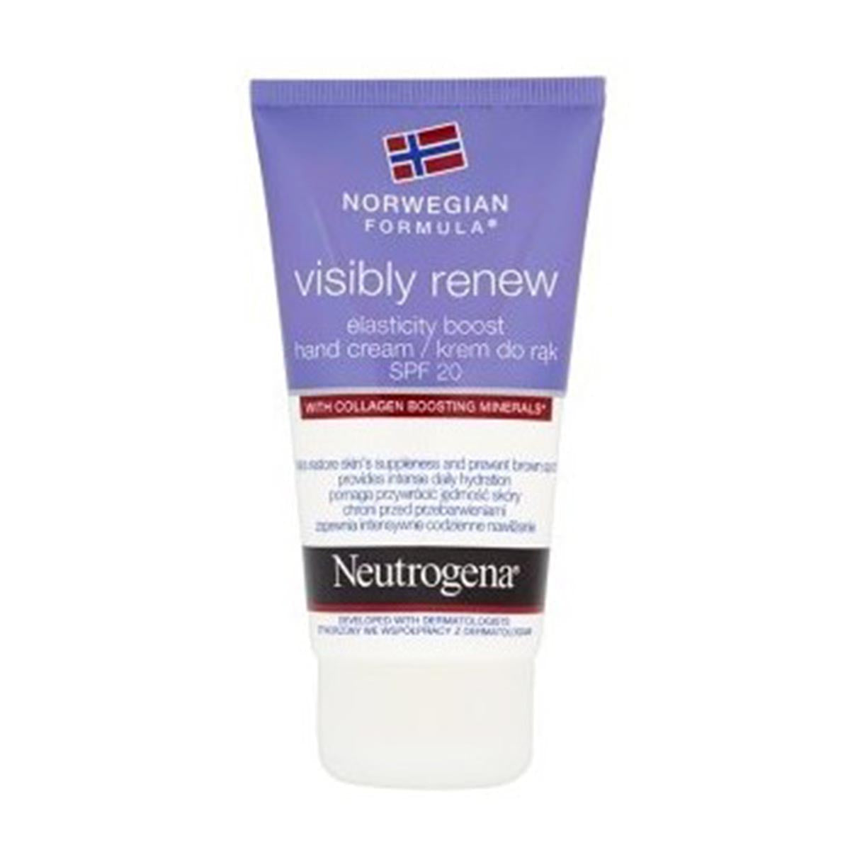 Neutrogena Visibly Renew Elasti-Boost Hand Cream SPF 20 in 75ml tube, showing the product with branding and packaging details.