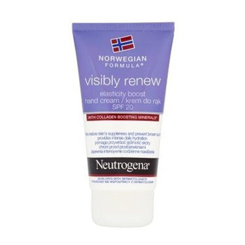 Neutrogena Visibly Renew Elasti-Boost Hand Cream SPF 20 in 75ml tube, showing the product with branding and packaging details.