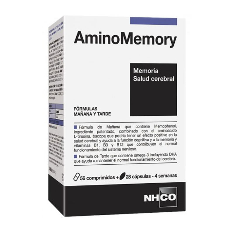 Jag Couture London - New York NHCO AminoMemory 56 tablets and 28 capsules, supplement bottle with label and tablet/capsule images.
