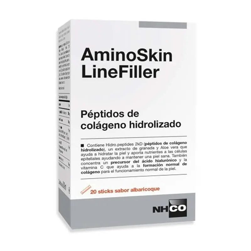 NHCO Aminoskin Linefiller sachets by Jag Couture London featuring apricot flavor, skin nourishing supplement in 20 sachets.