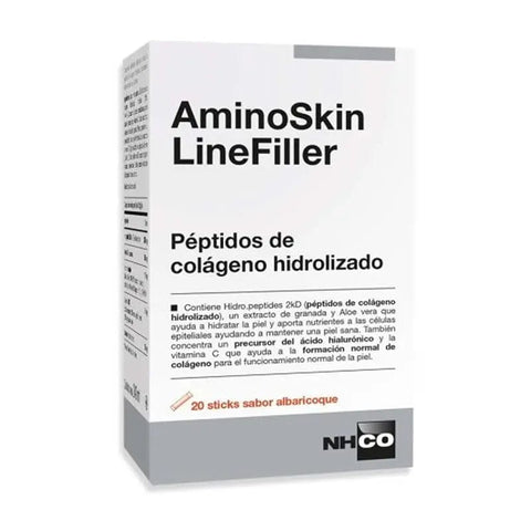 NHCO Aminoskin Linefiller sachets by Jag Couture London featuring apricot flavor, skin nourishing supplement in 20 sachets.