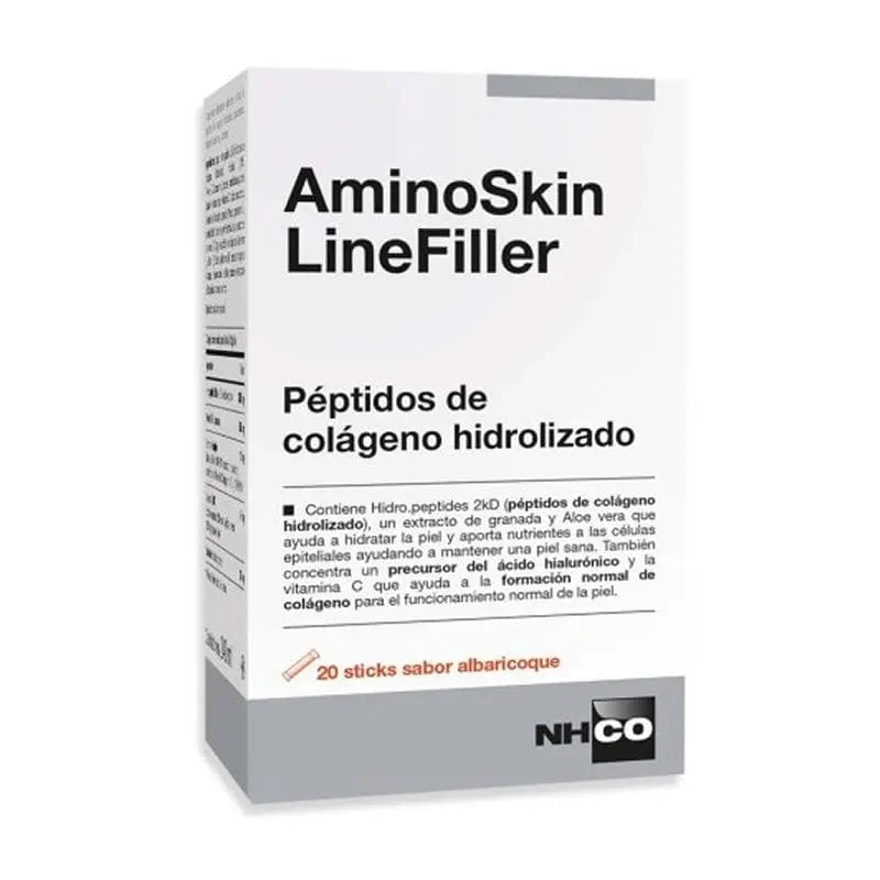 NHCO Aminoskin Linefiller sachets in apricot flavor by Jag Couture London New York, showing 20 sachets with bright packaging.