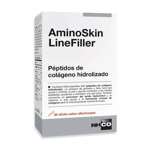 NHCO Aminoskin Linefiller sachets in apricot flavor by Jag Couture London New York, showing 20 sachets with bright packaging.