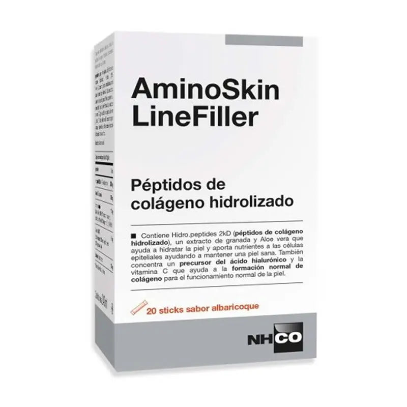 NHCO Aminoskin Linefiller sachets in apricot flavor by Jag Couture London New York, featuring 20 sachets of nourishing skincare.