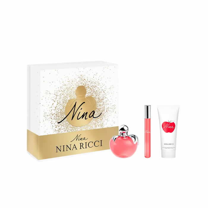 Nina Ricci Nina Eau De Toilette Spray 50ml set with three perfume bottles, elegant packaging, and floral design.