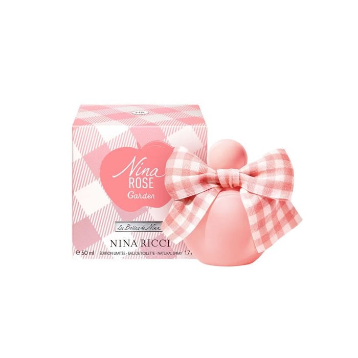 Nina Ricci Rose Garden Eau De Toilette spray 50ml, with floral pink and green packaging, showcasing the elegant bottle design.