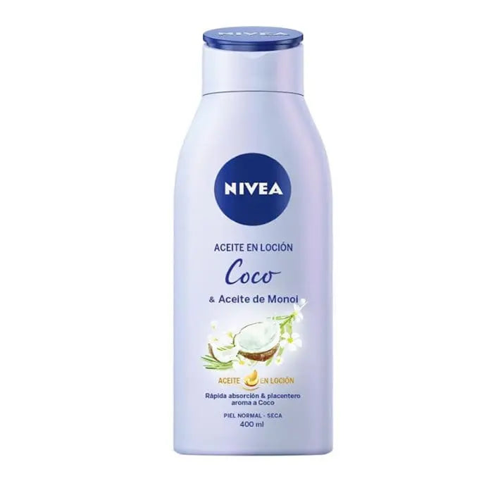 Nivea Coconut Lotion Oil and Monoi Oil 400ml bottle with label, featuring tropical coconut and Monoi oil ingredients.