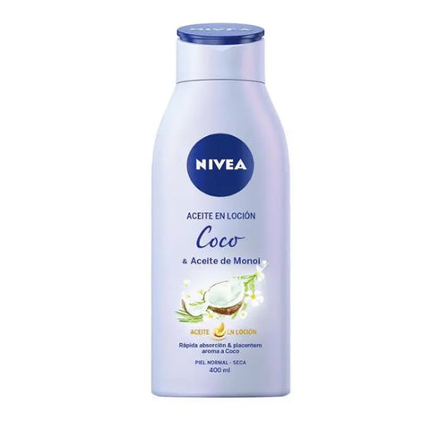 Nivea Coconut Lotion Oil and Monoi Oil in 400ml bottle, moisturizing skincare with tropical coconut and Monoi oils.